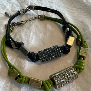 Lia Sophia 1 Green & 1 blue w/rhinestone accents adjustable length bracelet bndl